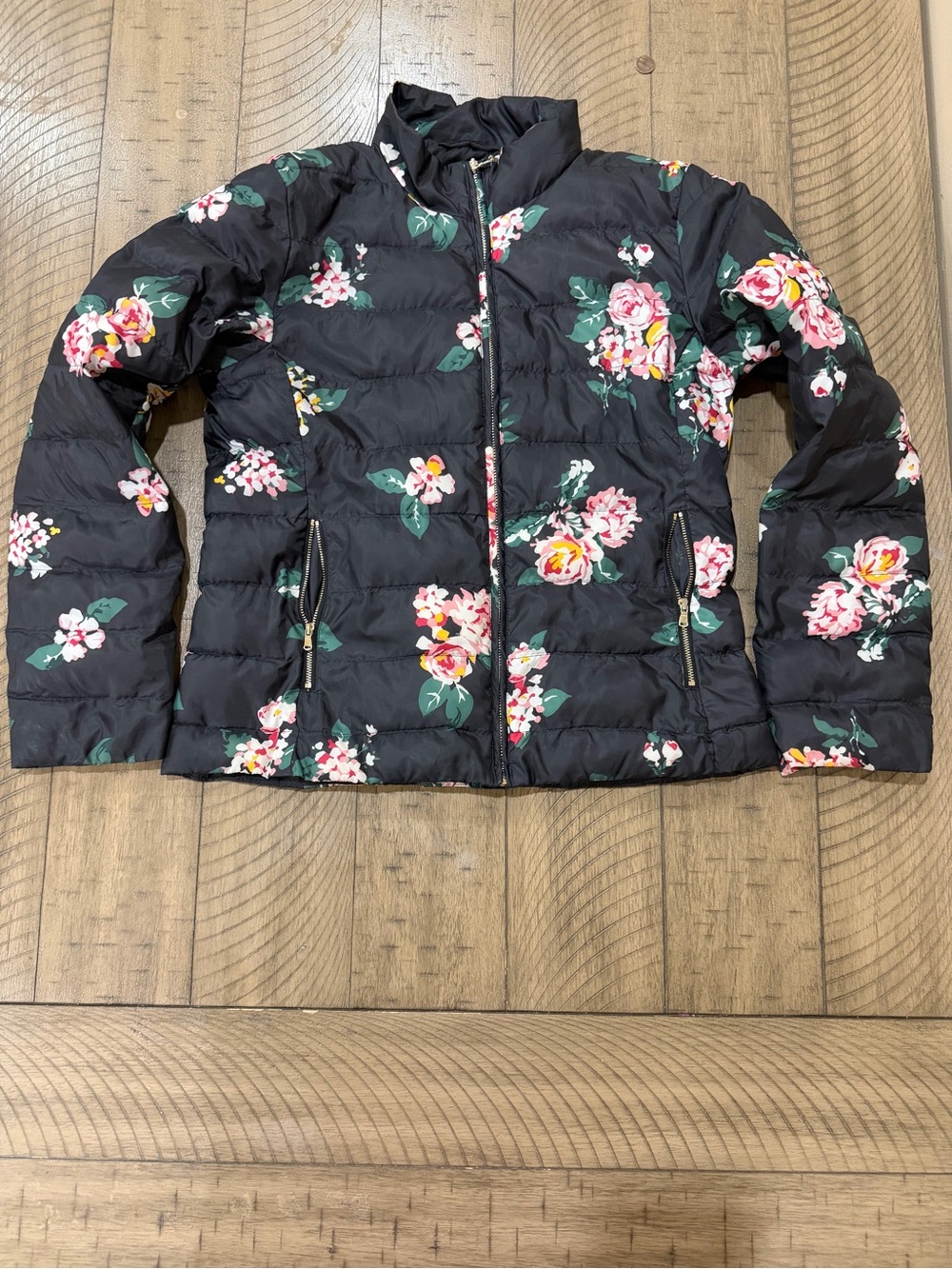 LOFT Black Quilted Floral Puffer Jacket